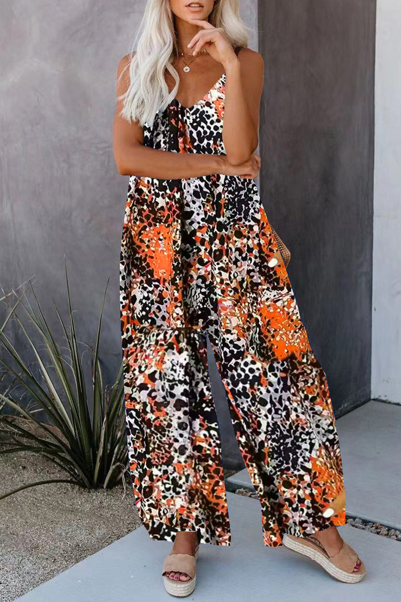 CM | Casual Street Print Pocket V-Neck Loose Jumpsuits