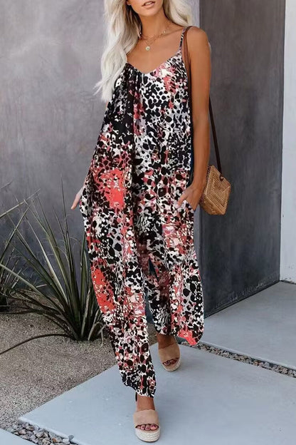 CM | Casual Street Print Pocket V-Neck Loose Jumpsuits