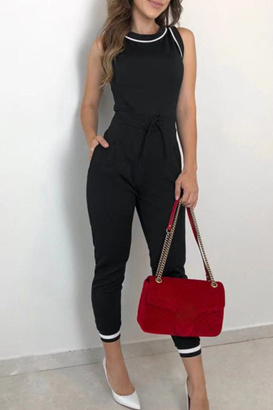 CM | Casual Striped Contrast O Neck Regular Jumpsuits
