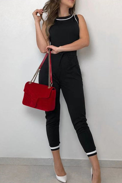 CM | Casual Striped Contrast O Neck Regular Jumpsuits