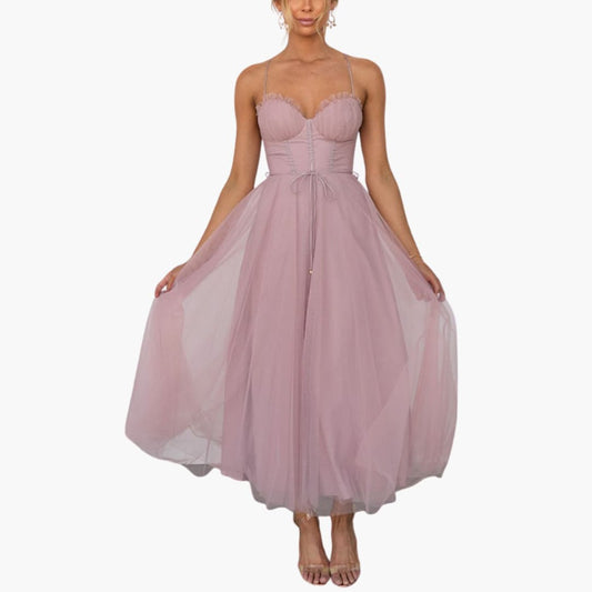 CM | maxi vestido de tul para mujer con tirantes finos y busto fruncido