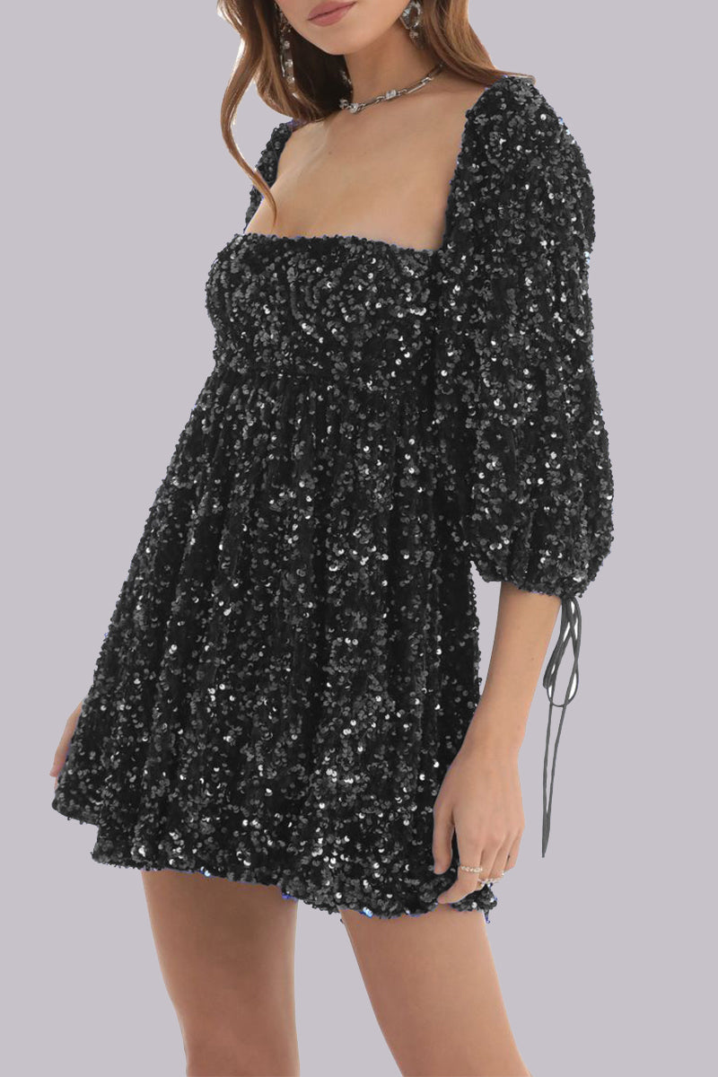 CM | Mini vestido lentejuelas mangas abullonadas