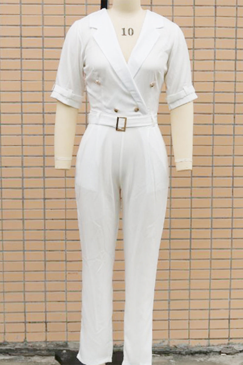 CM | Casual Street Solid Patchwork Buttons Turn-back Collar Regular Jumpsuits(5 Colours)