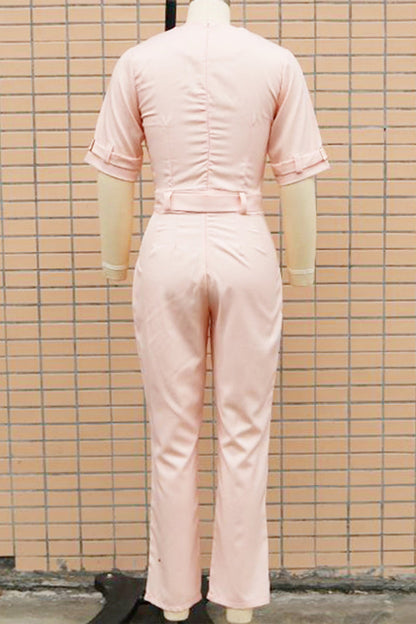 CM | Casual Street Solid Patchwork Buttons Turn-back Collar Regular Jumpsuits(5 Colours)