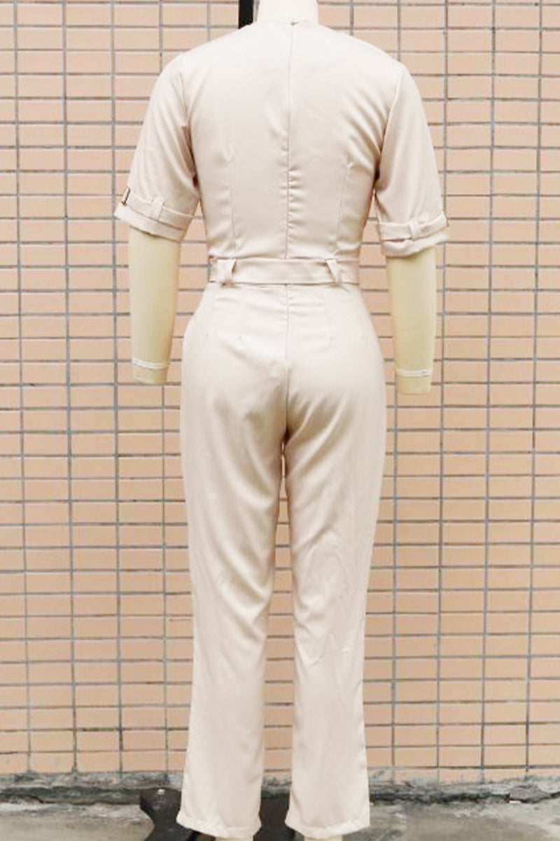 CM | Casual Street Solid Patchwork Buttons Turn-back Collar Regular Jumpsuits(5 Colours)