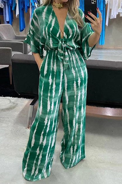 CM | Casual Striped Print Frenulum V Neck Loose Jumpsuits