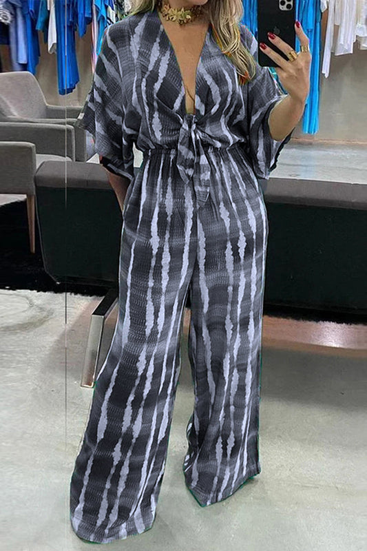 CM | Casual Striped Print Frenulum V Neck Loose Jumpsuits