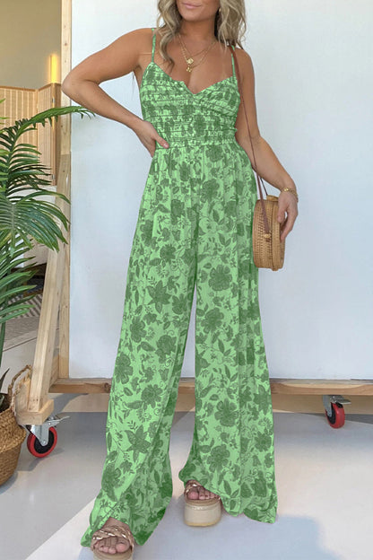 CM | Casual Vintage Print Floral Pleated V Neck Loose Jumpsuits