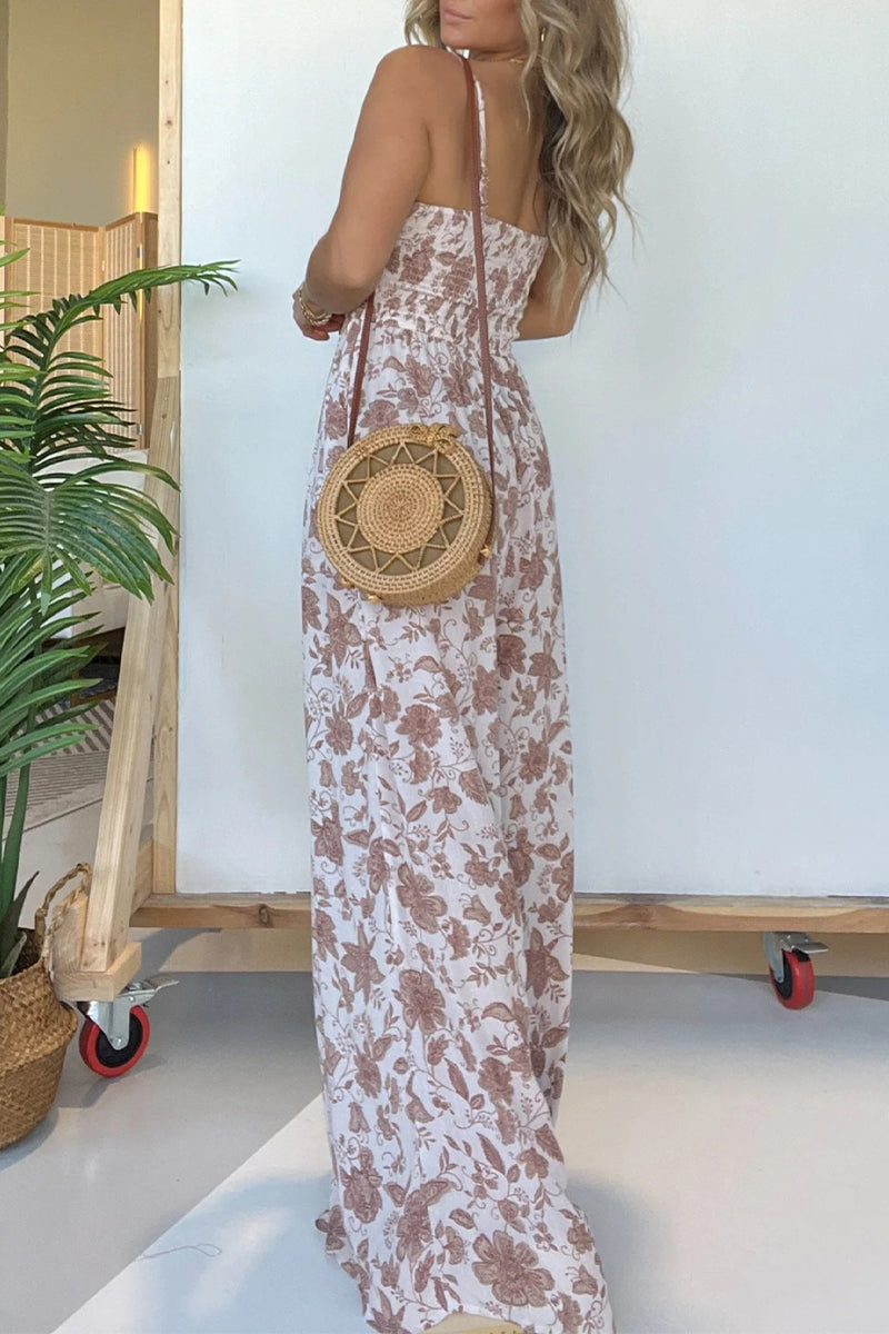 CM | Casual Vintage Print Floral Pleated V Neck Loose Jumpsuits