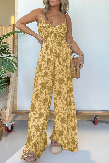 CM | Casual Vintage Print Floral Pleated V Neck Loose Jumpsuits