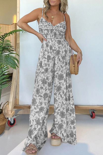 CM | Casual Vintage Print Floral Pleated V Neck Loose Jumpsuits