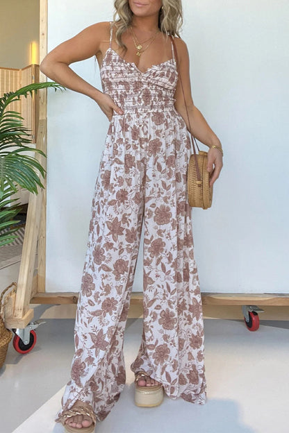 CM | Casual Vintage Print Floral Pleated V Neck Loose Jumpsuits
