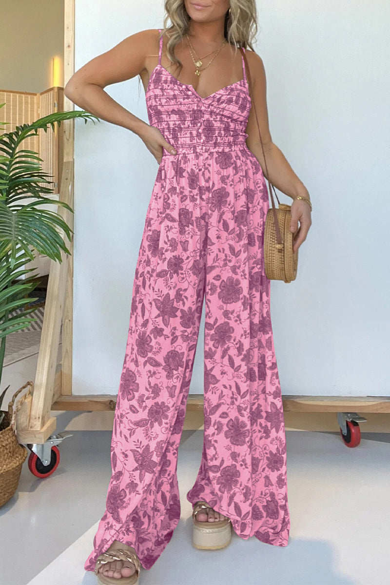 CM | Casual Vintage Print Floral Pleated V Neck Loose Jumpsuits