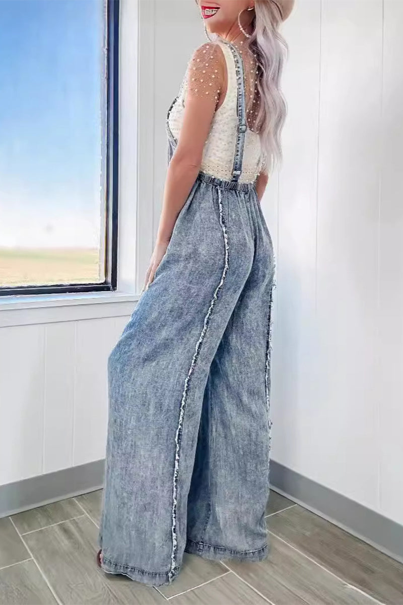 CM | Casual Street Solid Patchwork Backless Square Collar Sleeveless Loose Denim Jumpsuits