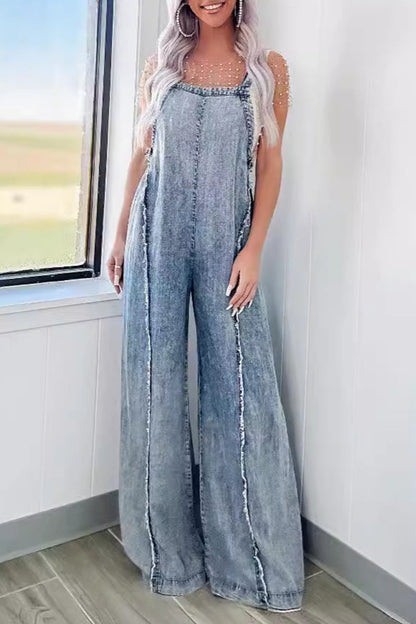 CM | Casual Street Solid Patchwork Backless Square Collar Sleeveless Loose Denim Jumpsuits