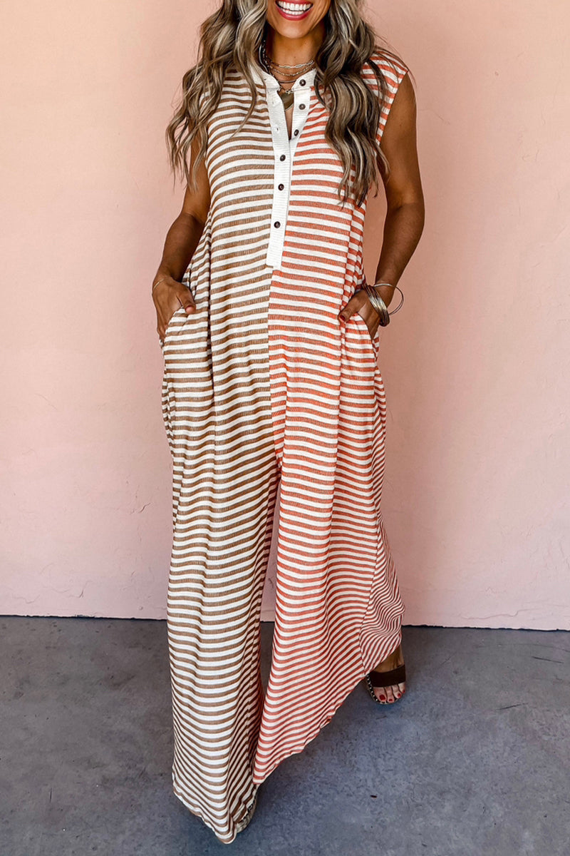 CM | Casual Striped Pocket Contrast O Neck Loose Jumpsuits
