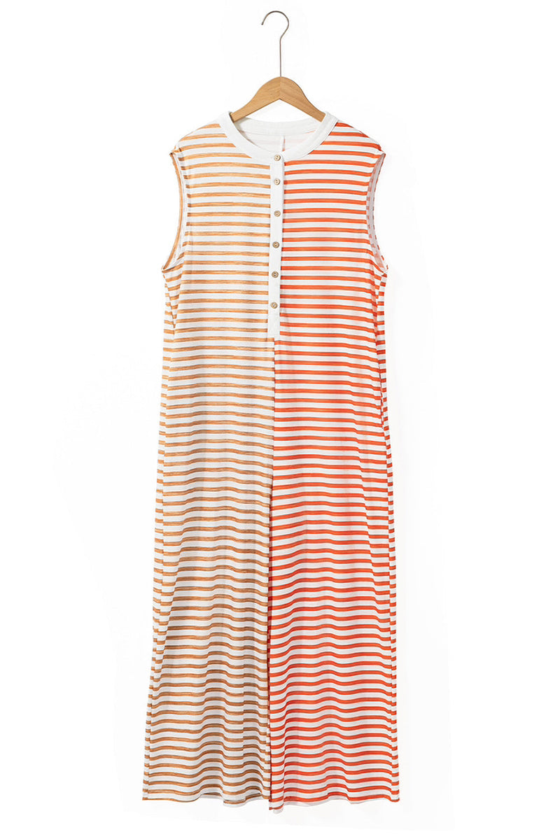 CM | Casual Striped Pocket Contrast O Neck Loose Jumpsuits