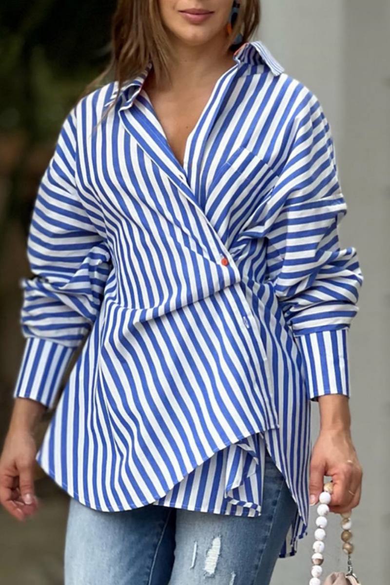 CM | Casual Rayas Impresión Patchwork Camisa Asimétrica Cuello Blusas