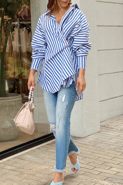 CM | Casual Rayas Impresión Patchwork Camisa Asimétrica Cuello Blusas
