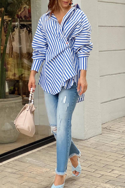 CM | Casual Rayas Impresión Patchwork Camisa Asimétrica Cuello Blusas