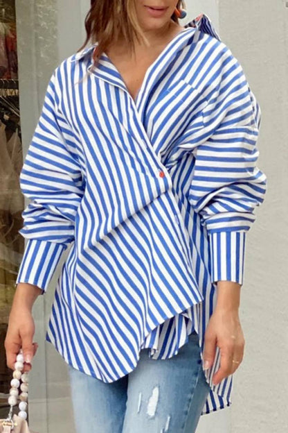 CM | Casual Rayas Impresión Patchwork Camisa Asimétrica Cuello Blusas