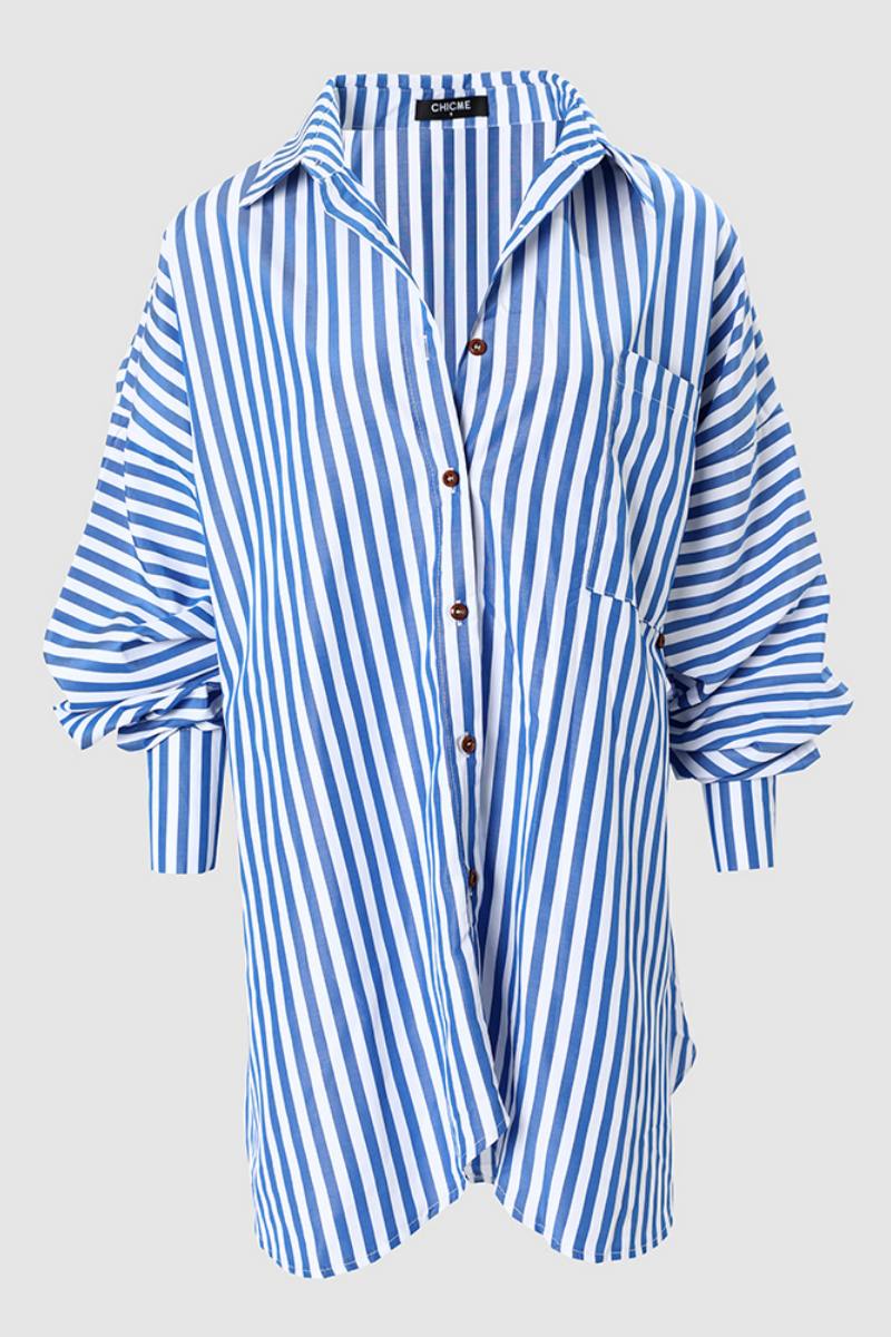 CM | Casual Rayas Impresión Patchwork Camisa Asimétrica Cuello Blusas