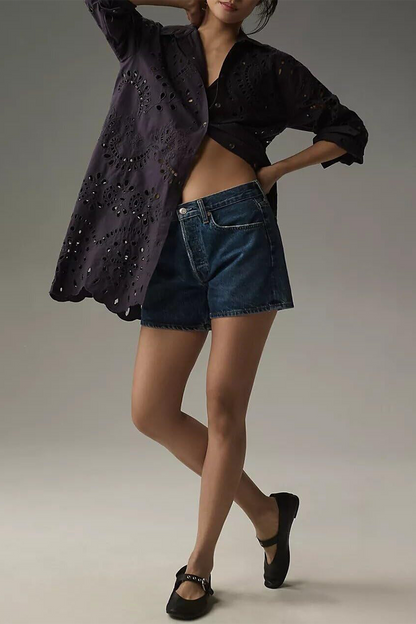 CM | Casual diario color sólido hueco hebilla cuello vuelto blusas (4 colores)