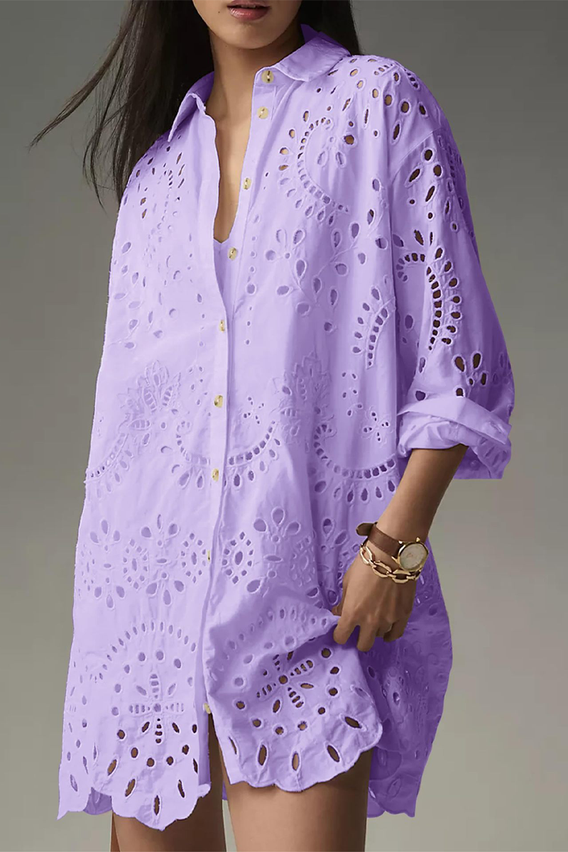 CM | Casual diario color sólido hueco hebilla cuello vuelto blusas (4 colores)