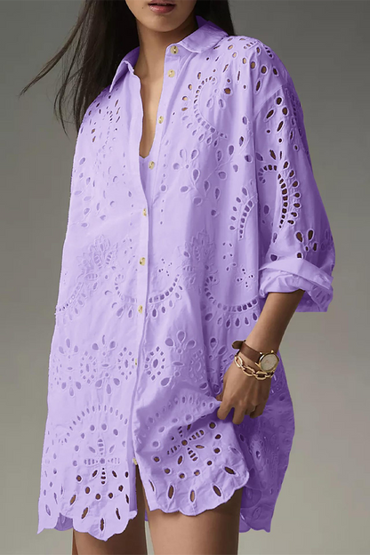 CM | Casual diario color sólido hueco hebilla cuello vuelto blusas (4 colores)