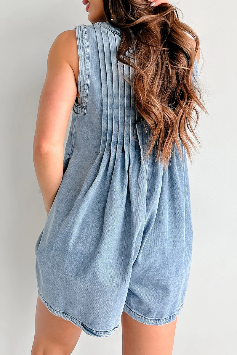 CM | Casual Street Solid Colour Pocket Lace Up V Neck Sleeveless Loose Denim Jumpsuits