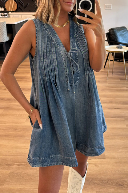 CM | Casual Street Solid Colour Pocket Lace Up V Neck Sleeveless Loose Denim Jumpsuits