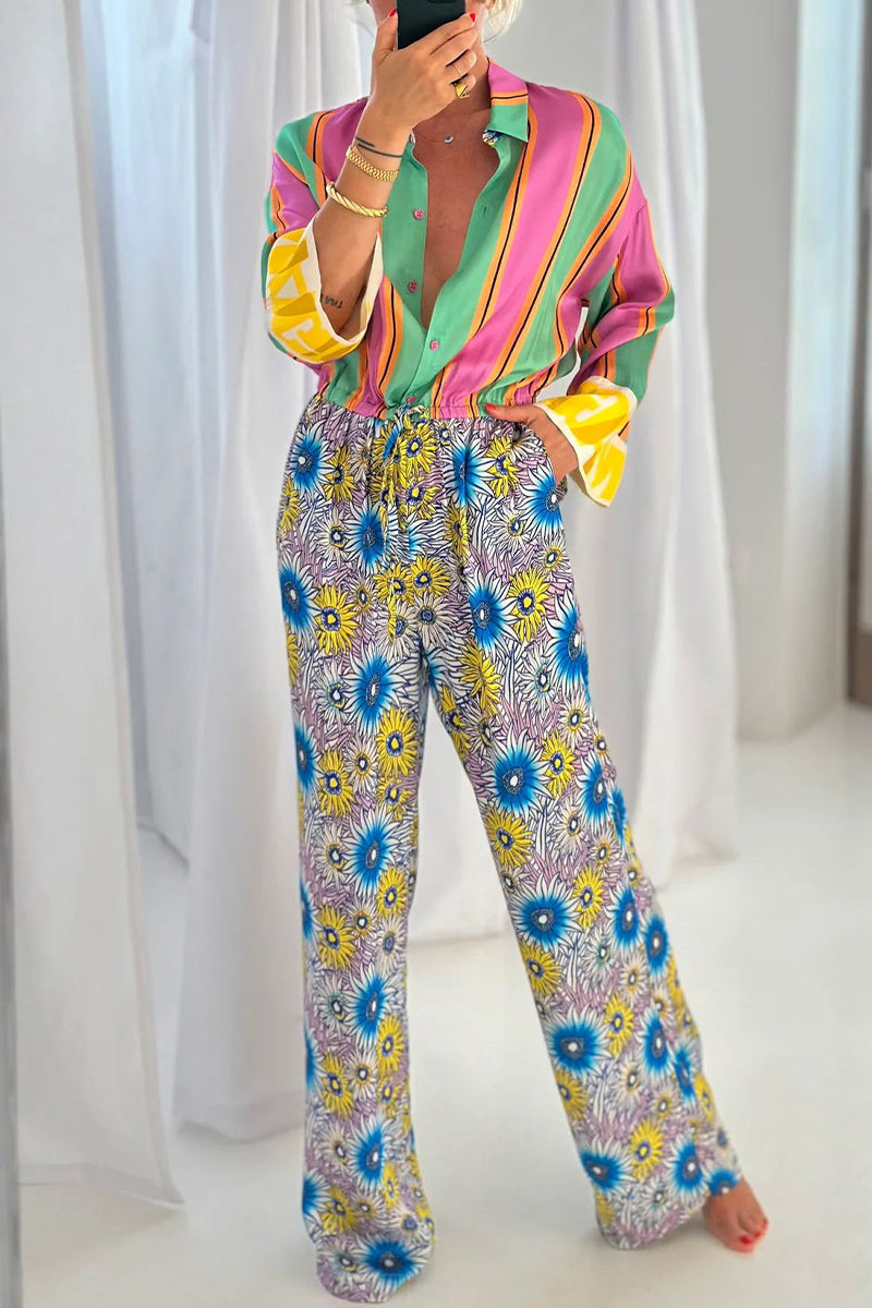 CM | Casual Street Striped Print Floral Pocket Lace Up Buttons Turn Down Collar Loose Jumpsuits