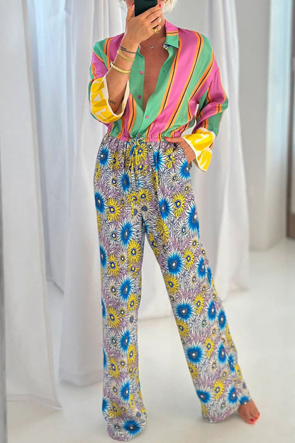 CM | Casual Street Striped Print Floral Pocket Lace Up Buttons Turn Down Collar Loose Jumpsuits