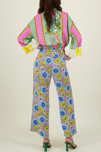 CM | Casual Street Striped Print Floral Pocket Lace Up Buttons Turn Down Collar Loose Jumpsuits