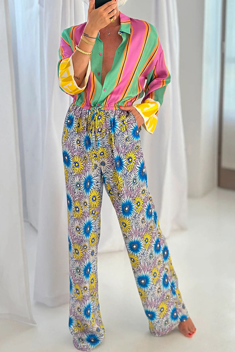 CM | Casual Street Striped Print Floral Pocket Lace Up Buttons Turn Down Collar Loose Jumpsuits