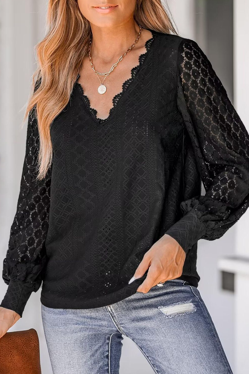 CM | Casual Calle Color Sólido Encaje Cuello en V Blusas