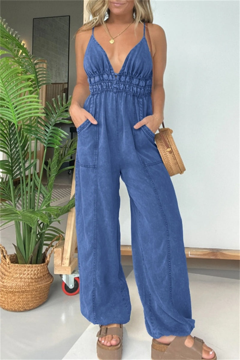 CM | Sexy Casual Solid Color Patchwork Backless Spaghetti Strap Fitted Jumpsuits(5 Colours)