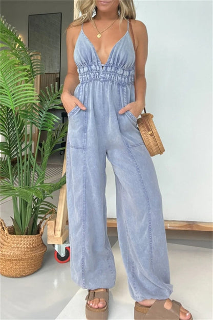 CM | Sexy Casual Solid Color Patchwork Backless Spaghetti Strap Fitted Jumpsuits(5 Colours)