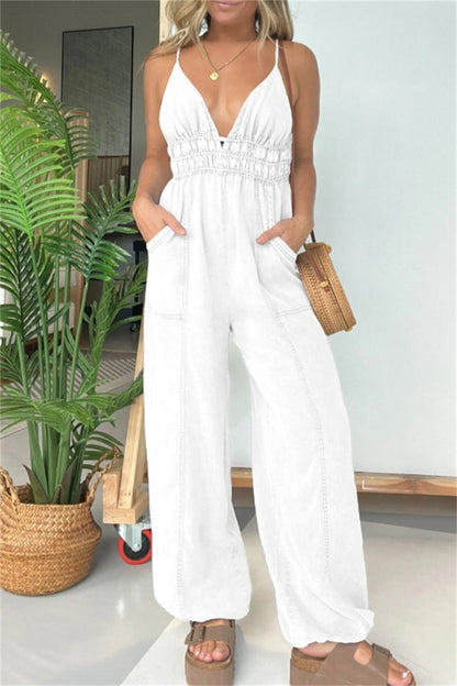 CM | Sexy Casual Solid Color Patchwork Backless Spaghetti Strap Fitted Jumpsuits(5 Colours)
