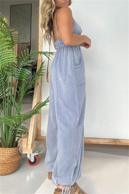 CM | Sexy Casual Solid Color Patchwork Backless Spaghetti Strap Fitted Jumpsuits(5 Colours)