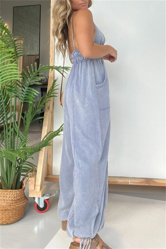 CM | Sexy Casual Solid Color Patchwork Backless Spaghetti Strap Fitted Jumpsuits(5 Colours)