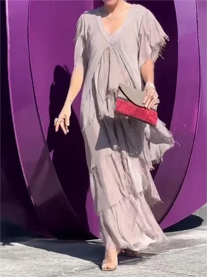 CM | maxi vestido fruncido de manga corta y cuello en V
