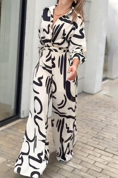 CM | Casual Street Geometric Print Lace Up Turn Down Collar Loose Jumpsuits