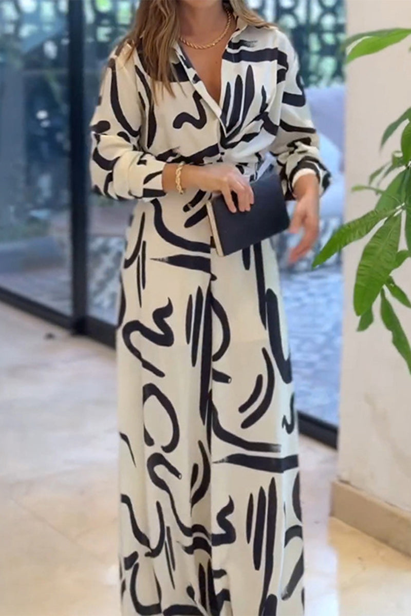 CM | Casual Street Geometric Print Lace Up Turn Down Collar Loose Jumpsuits