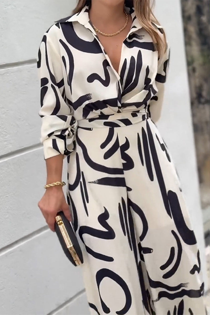 CM | Casual Street Geometric Print Lace Up Turn Down Collar Loose Jumpsuits