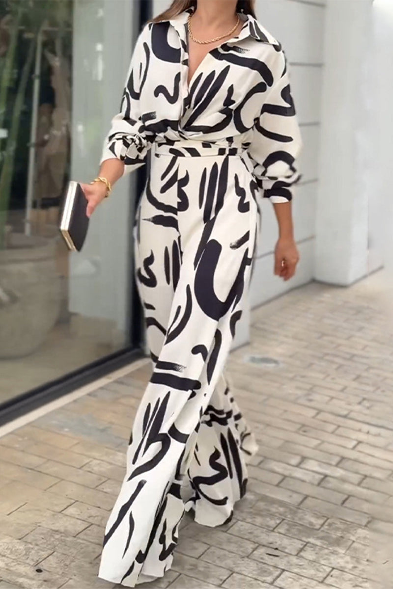 CM | Casual Street Geometric Print Lace Up Turn Down Collar Loose Jumpsuits