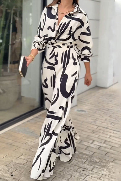 CM | Casual Street Geometric Print Lace Up Turn Down Collar Loose Jumpsuits