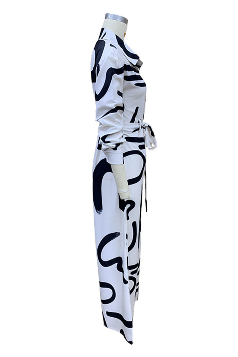 CM | Casual Street Geometric Print Lace Up Turn Down Collar Loose Jumpsuits