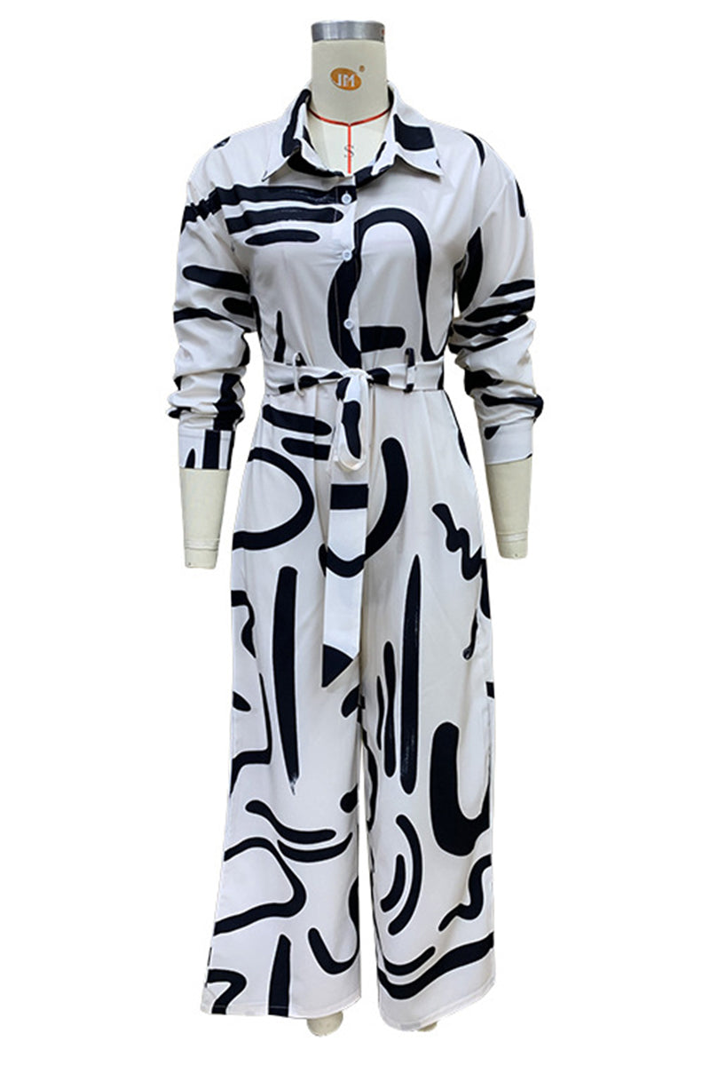 CM | Casual Street Geometric Print Lace Up Turn Down Collar Loose Jumpsuits