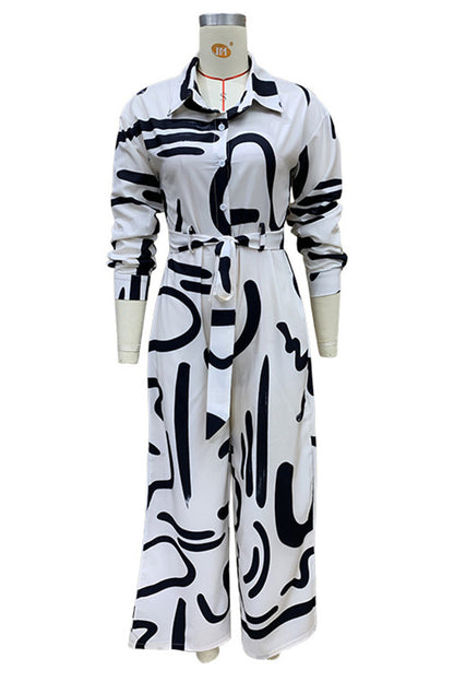 CM | Casual Street Geometric Print Lace Up Turn Down Collar Loose Jumpsuits